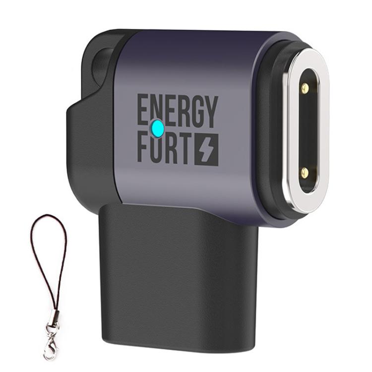 Magnetic smartwatch charging adapter with gray body, side contacts and a lanyard