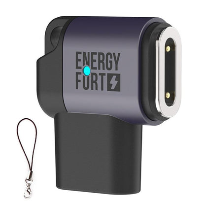 Magnetic smartwatch charging adapter with gray body, side contacts and a lanyard
