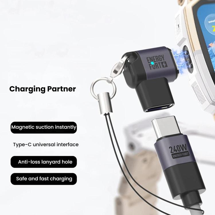 Gray magnetic smartwatch charger with Type-C cable and lanyard attached