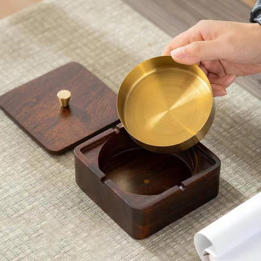 Magnetic Solid Wood Metal Ashtray Ash-Proof and Dust-Proof Design, Walnut Wood Square, Walnut Wood Round, Black Walnut Square, Ebony Wood Square, Dark Walnut Square