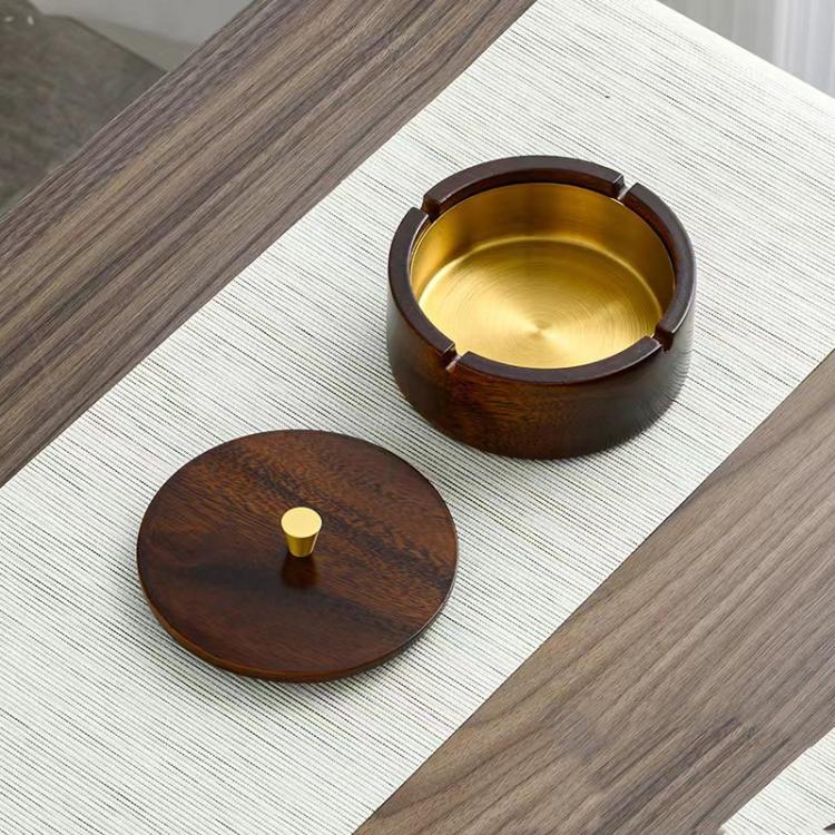 Walnut wood round magnetic ashtray with brass inner bowl and round lid