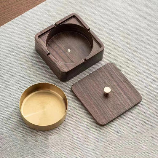 Magnetic Solid Wood Metal Ashtray Ash-Proof and Dust-Proof Design, Walnut Wood Square, Walnut Wood Round, Black Walnut Square, Ebony Wood Square, Dark Walnut Square