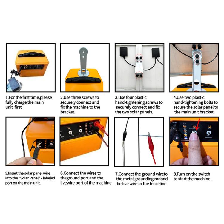 Electric fence energizer installation close-ups with orange unit and solar panel mounting