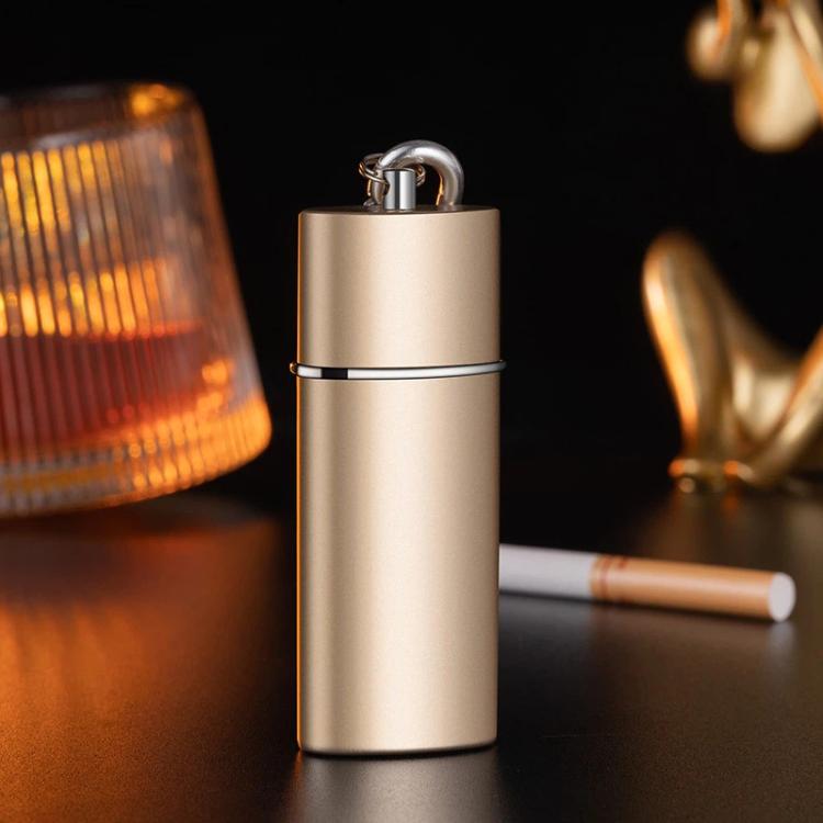 Portable metal-lined pocket ashtray, gold cylindrical with key-ring handle