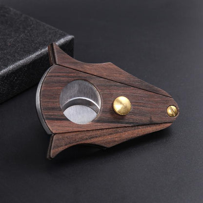 Wood cigar scissors with stainless cutter ring and gold-toned metal details