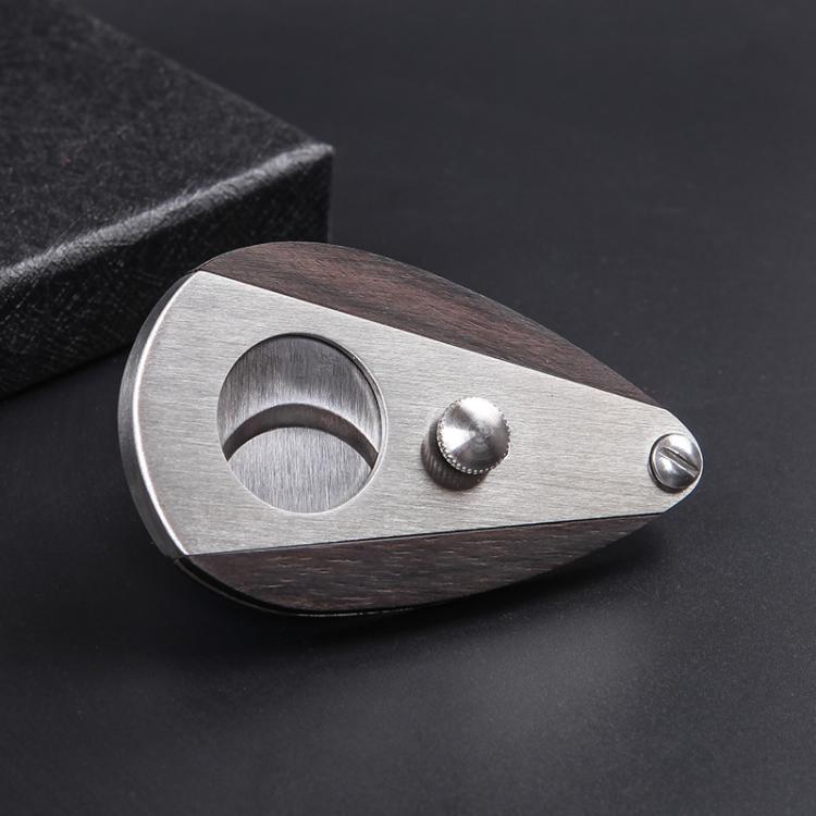 Wood and stainless cigar scissors with oval cutter opening and metal fasteners