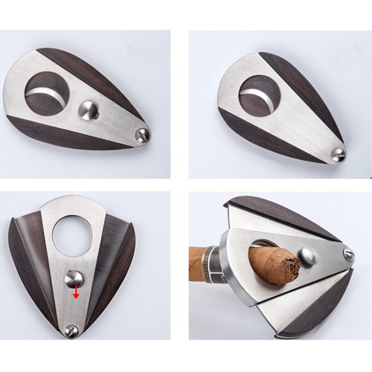 Cigar scissors in dark wood and stainless steel, shown from multiple angles