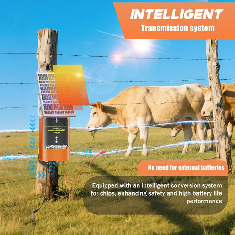 Orange solar electric fence charger mounted on fence post with solar panel