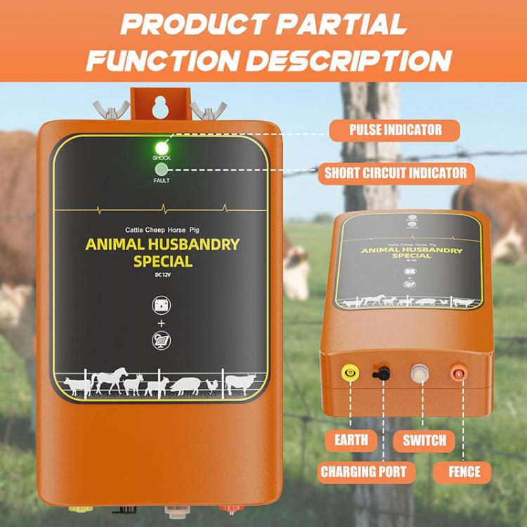 Orange solar electric fence charger unit with earth and fence connection ports
