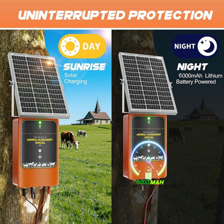 Solar electric fence charger with solar panel and day/night indicator lights