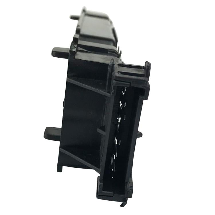 Black rear light wiring connector with metal latch tab and terminal openings