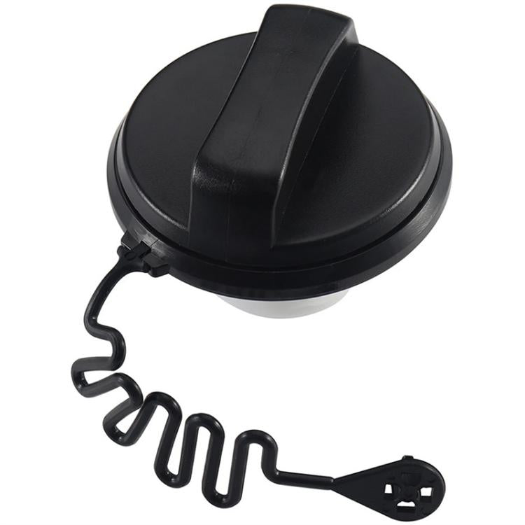 Black fuel tank cap with tethered pull strap