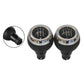 Pair of black leather manual shift knobs with chrome bezels and visible gear markings