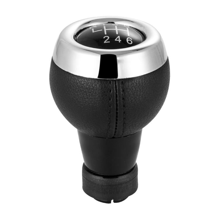 Black leather 6-speed shift knob with chrome top and gear numbers 2, 4, 6
