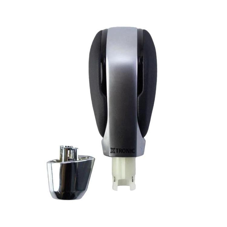 Car shift knob with black grip and silver finish, with base adapter and cap