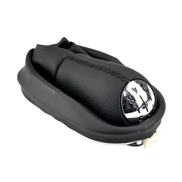 Black leather gear shift knob with stitched grip and gear dial