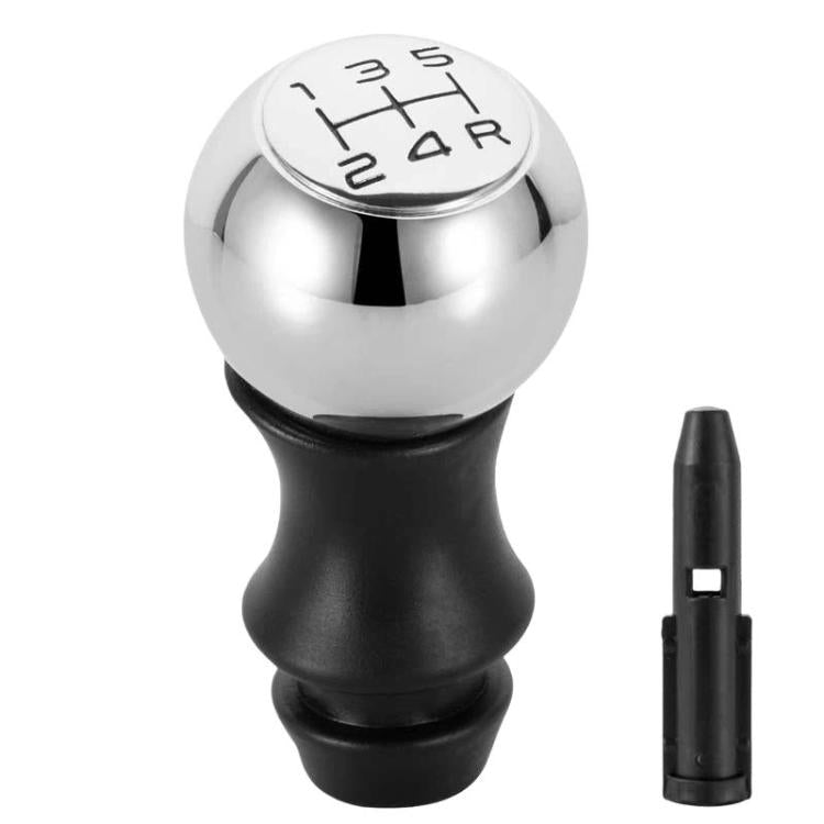 Chrome gear shift knob with black grip, labeled 1–5 and R, with adapter sleeve