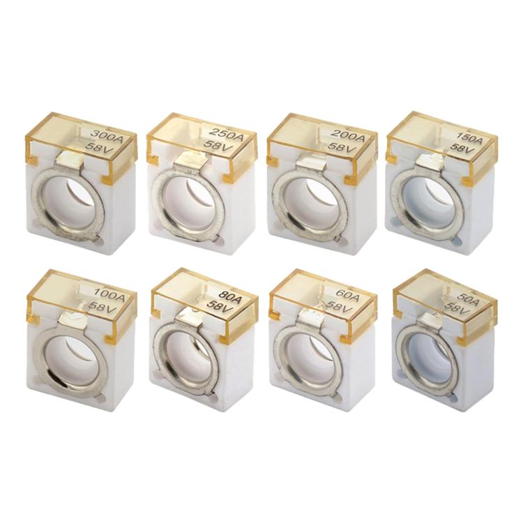 Set of ceramic cartridge fuses from 50A to 300A, each rated 58V
