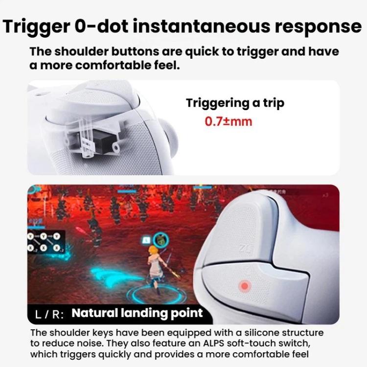 White mechanical game controller with curved shoulder triggers and red joystick indicator