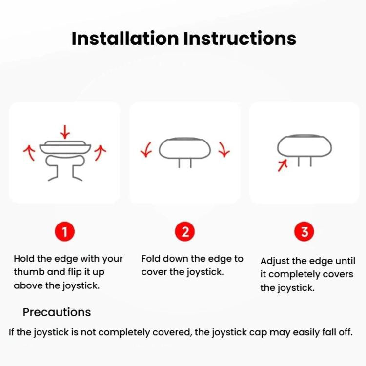 Joystick cap installation instructions graphic with step-by-step coverage icons