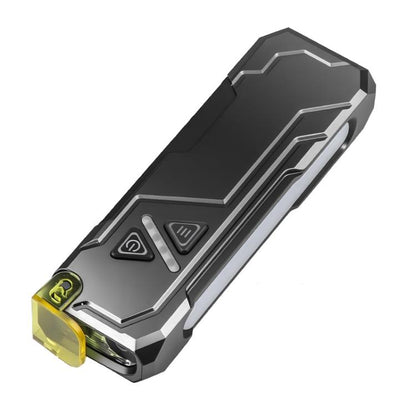 Color-changing EDC flashlight with magnetic base, black body and yellow front lamp cover.