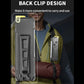 EDC flashlight with back clip attachment, yellow lanyard loop, and rectangular control panel