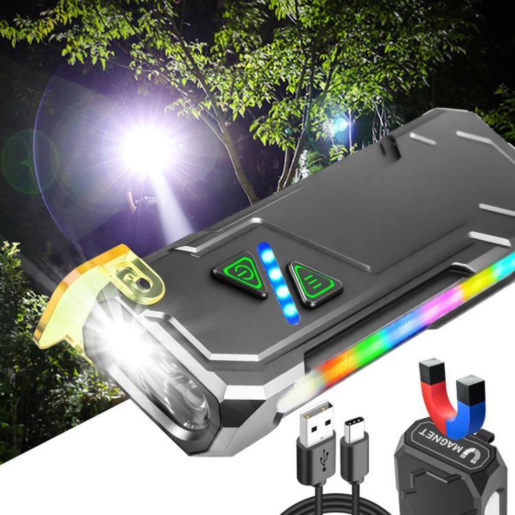 Multi-functional EDC flashlight with colorful RGB strip, front beam, and Type-C cables