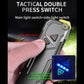 EDC flashlight with main and side press switches; shows blue indicator light.