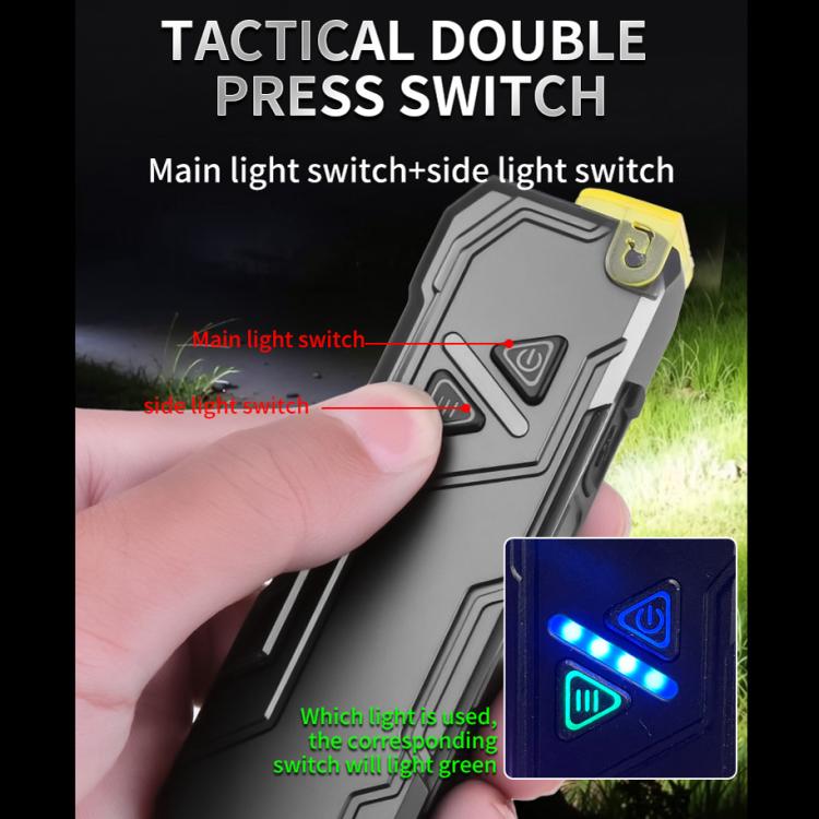 EDC flashlight with main and side press switches; shows blue indicator light.