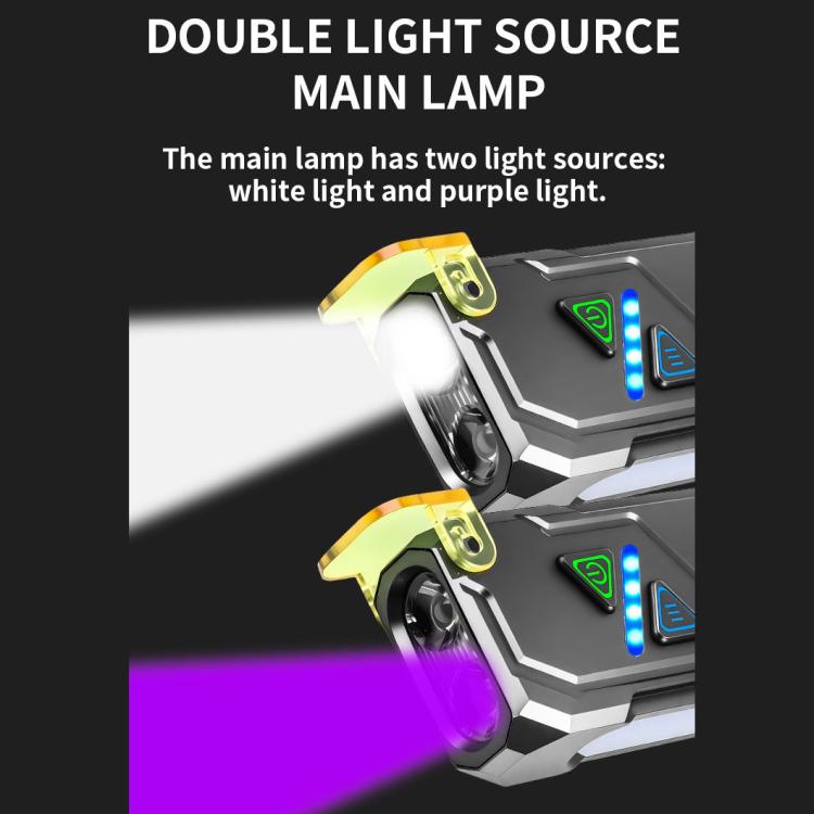 Dual-lamp EDC flashlight with bright white and purple light bars, black and yellow body.