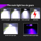 EDC flashlight displaying multiple brightness modes with white beams and purple option.