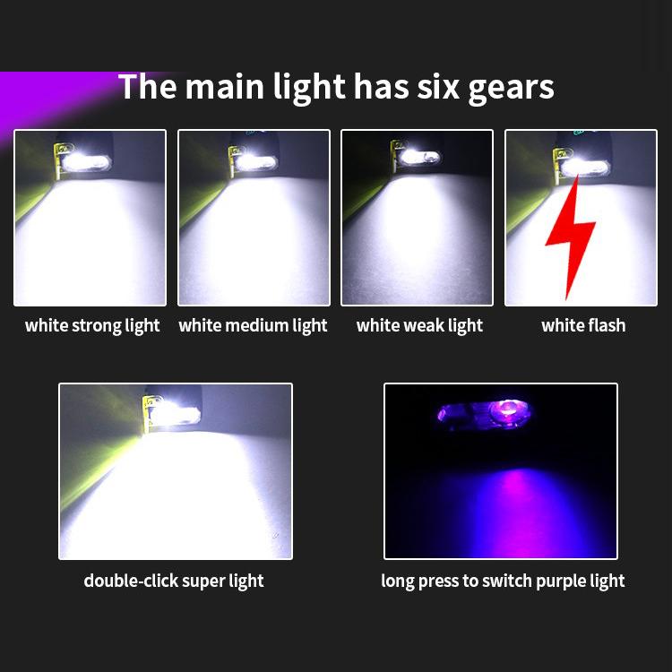 EDC flashlight displaying multiple brightness modes with white beams and purple option.