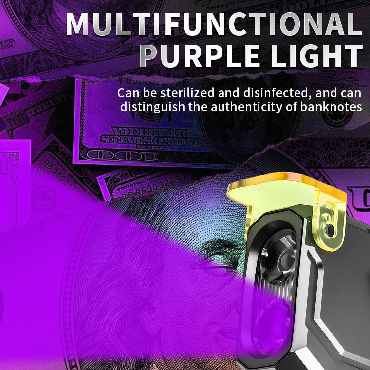 Multifunction EDC flashlight with yellow head emitting purple light, black metal body.
