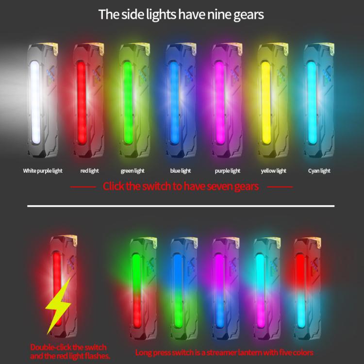 EDC flashlight displaying multiple side light colors: red, green, blue, purple, cyan.
