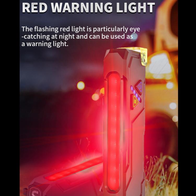 EDC flashlight with flashing red warning light bar on a black body.