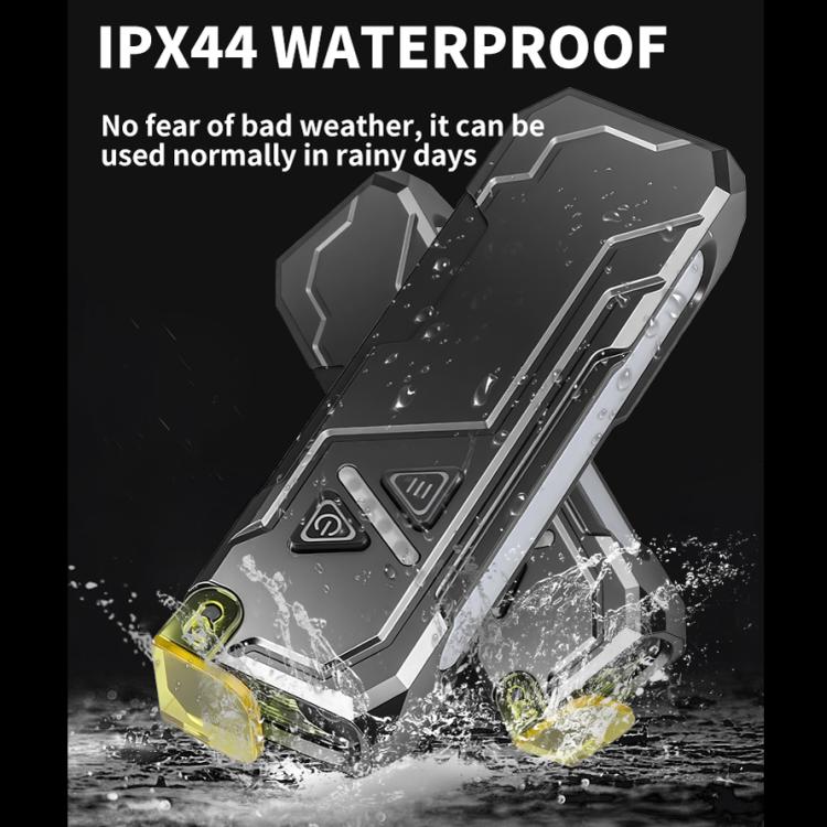 Waterproof EDC flashlight with water droplets on black and yellow body.