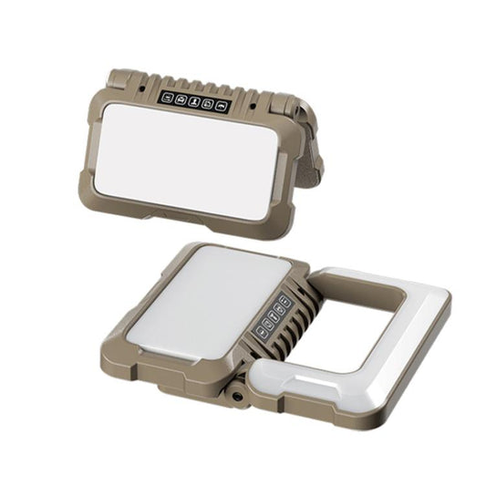 Foldable camping LED work light, tan housing with hinged double panels