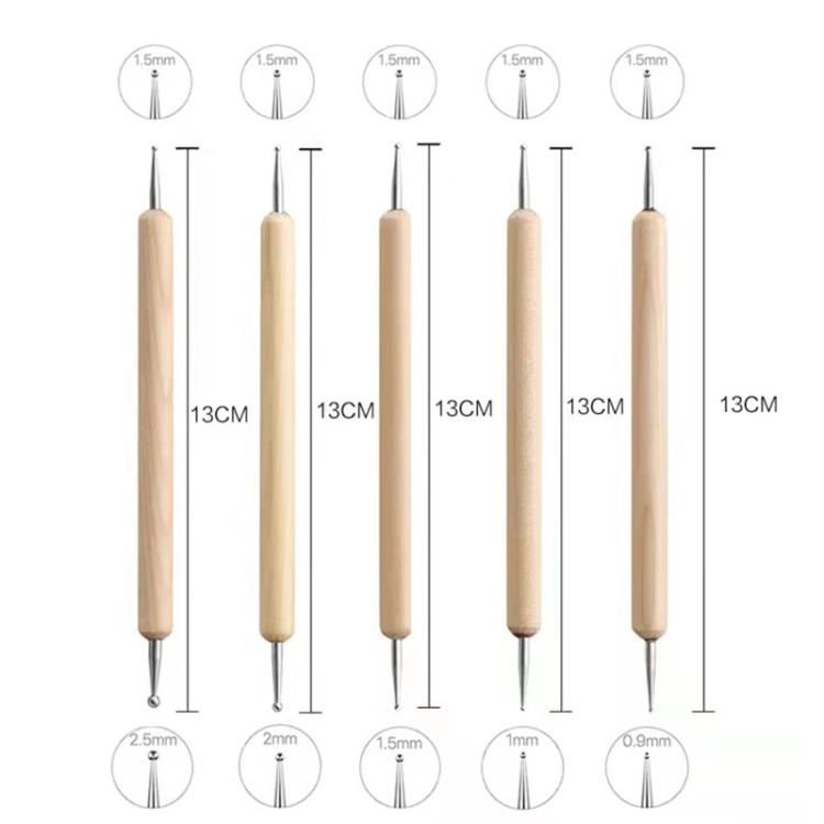 Pottery sculpting tools with illustrated measurements for different tip sizes on wooden handles