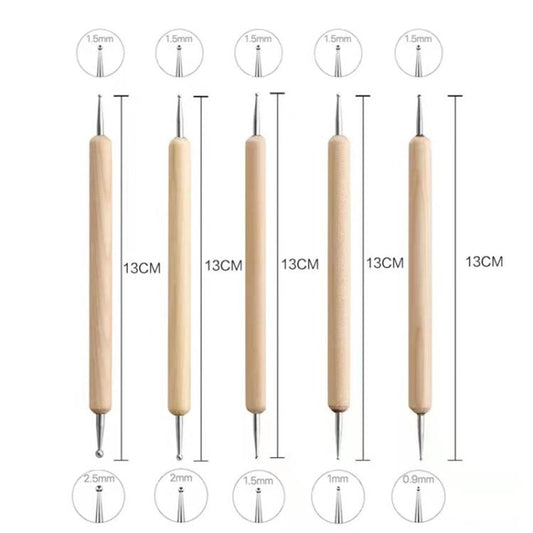 Pottery sculpting tools with illustrated measurements for different tip sizes on wooden handles