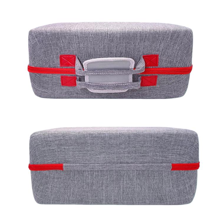 PS5 Slim console carrying case, gray fabric with red strap accents, front and back views