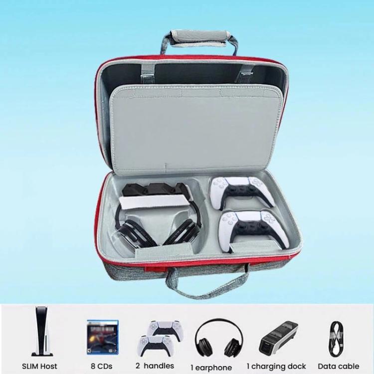PS5 Slim console carrying case, gray, open with padded inserts and headset storage section