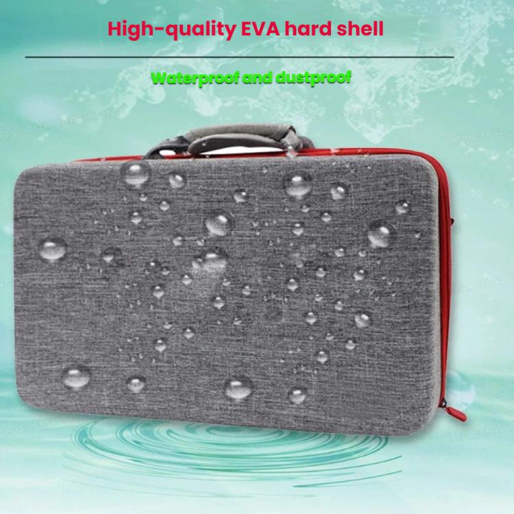 PS5 Slim console carrying case, gray hard-shell with red zipper and water droplets