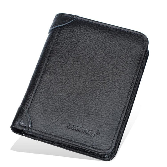 Black leather short tri-fold wallet, smooth textured front with logo embossing