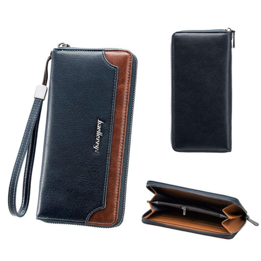 Men's long wallet with wrist strap, dark blue body, contrast tan edging, zip closure
