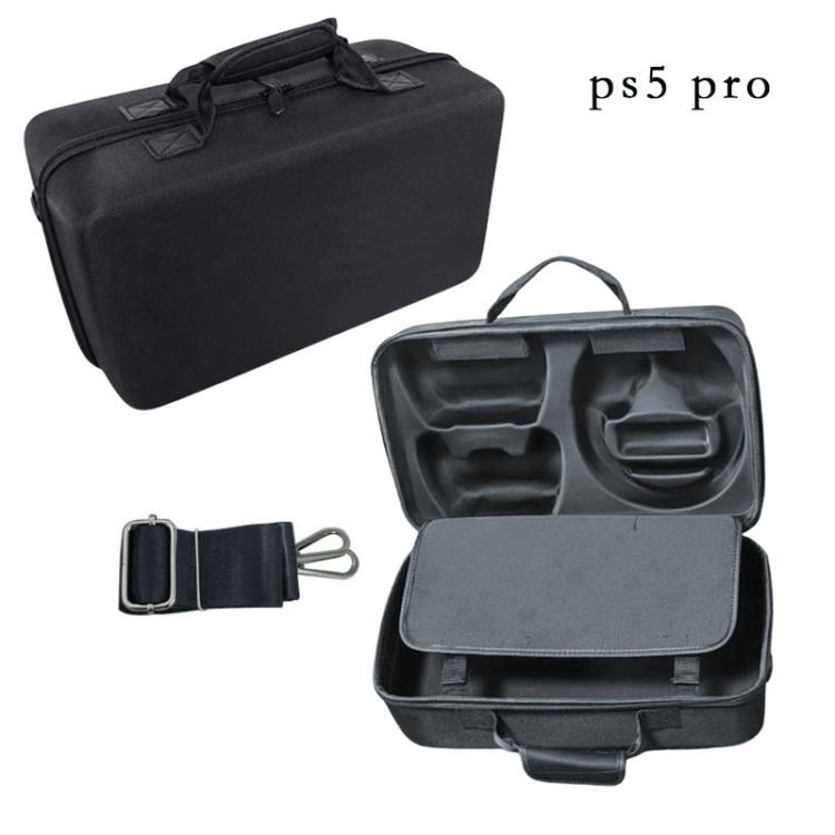 Black PS5 Pro console carry case with top handle and open accessory compartment