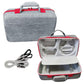 Gray PS5 Pro carry case with red trim, open organizer and headphone storage