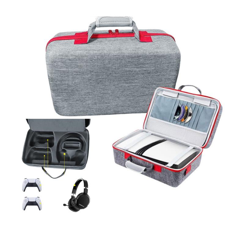Gray PS5 Pro carry case showing molded slots with open lid for console accessories