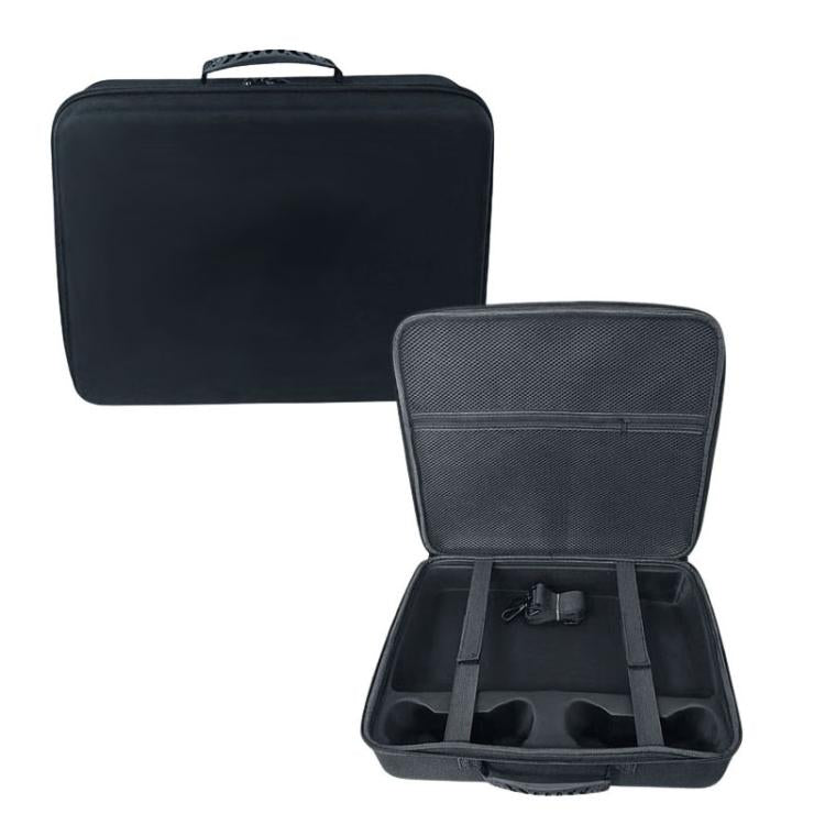 Black hard-shell travel case with open lid and molded compartments