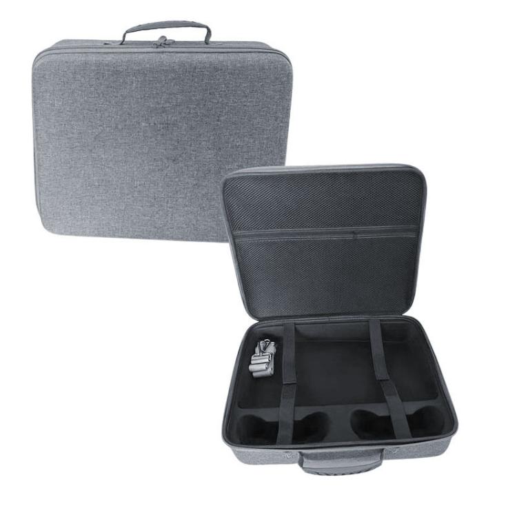 Gray hard-shell travel case with open lid, molded insert, and shoulder strap