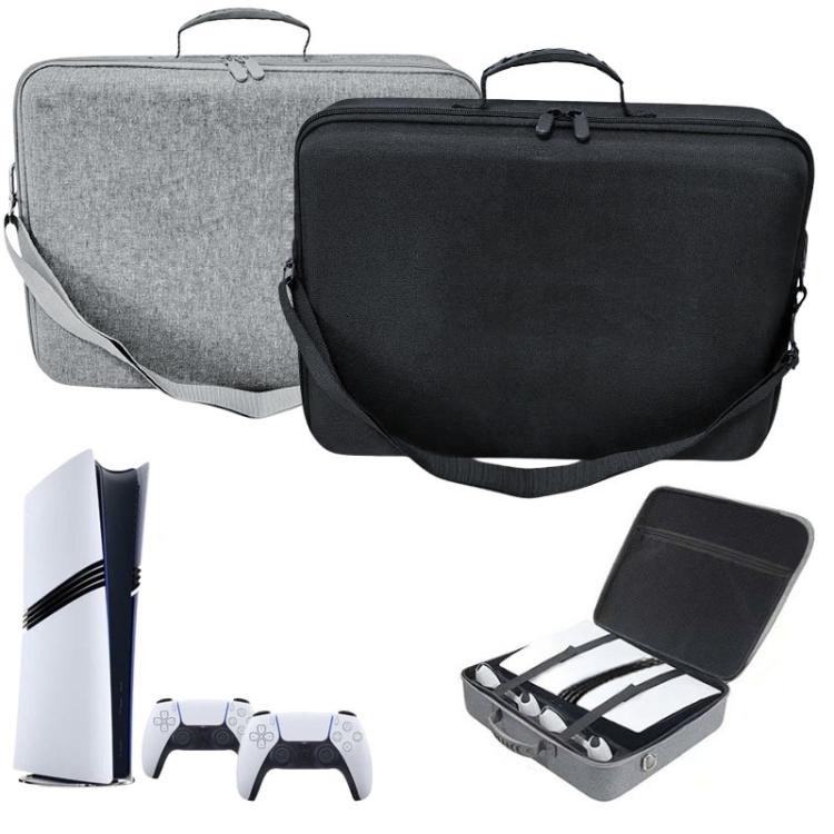 Pair of hard-shell console carry cases in gray and black, with shoulder straps